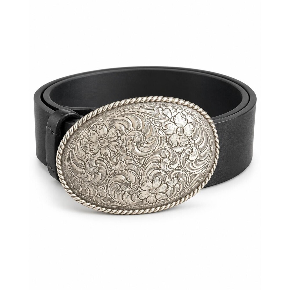 Western Cowboy Brown Leather Belt Silver Oval Floral Engraved Buckle 36 in